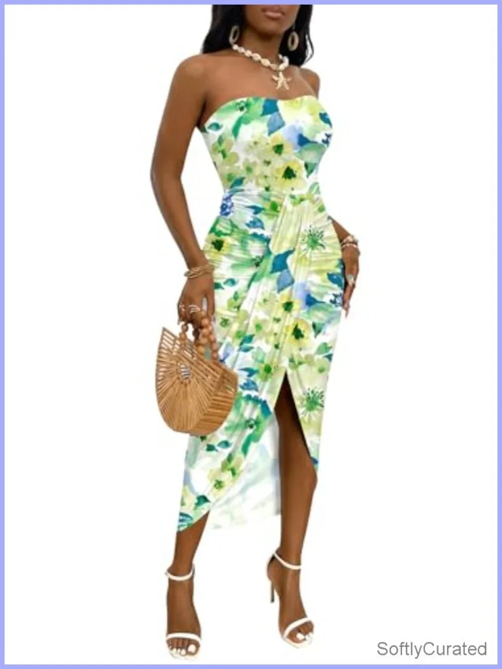 Strapless Ruched High Waist Wrap Maxi Dress with Split